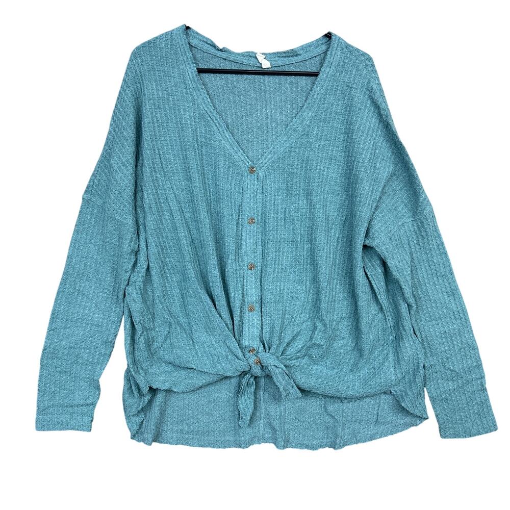 Wishlist Womens Shirt Green Blue VNeck Button Waffle Tie Soft Casual Stretch M/L